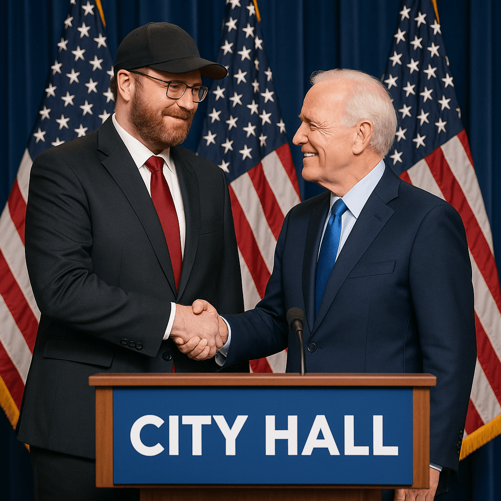 Mayor at podium shaking hands with campaign official