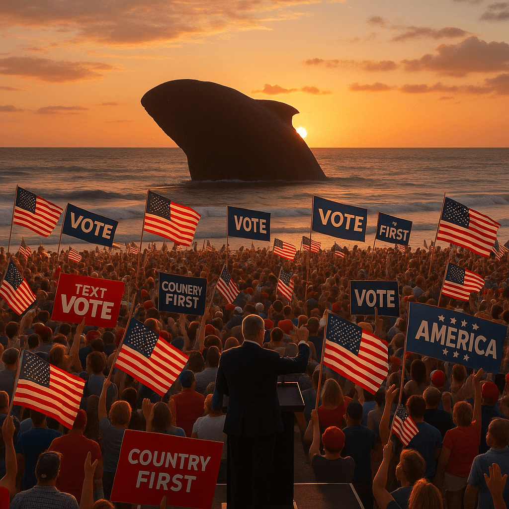 Campaign rally on a beach with American flags