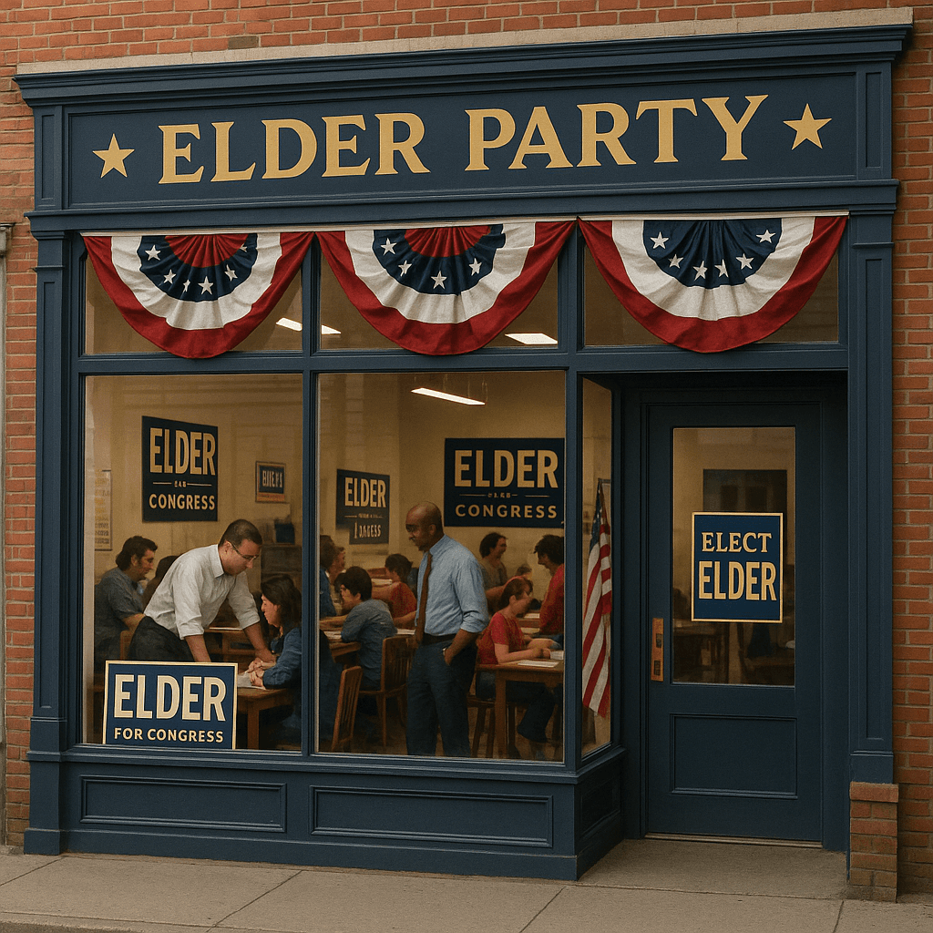 Storefront campaign office with Elder Party signage and American flags