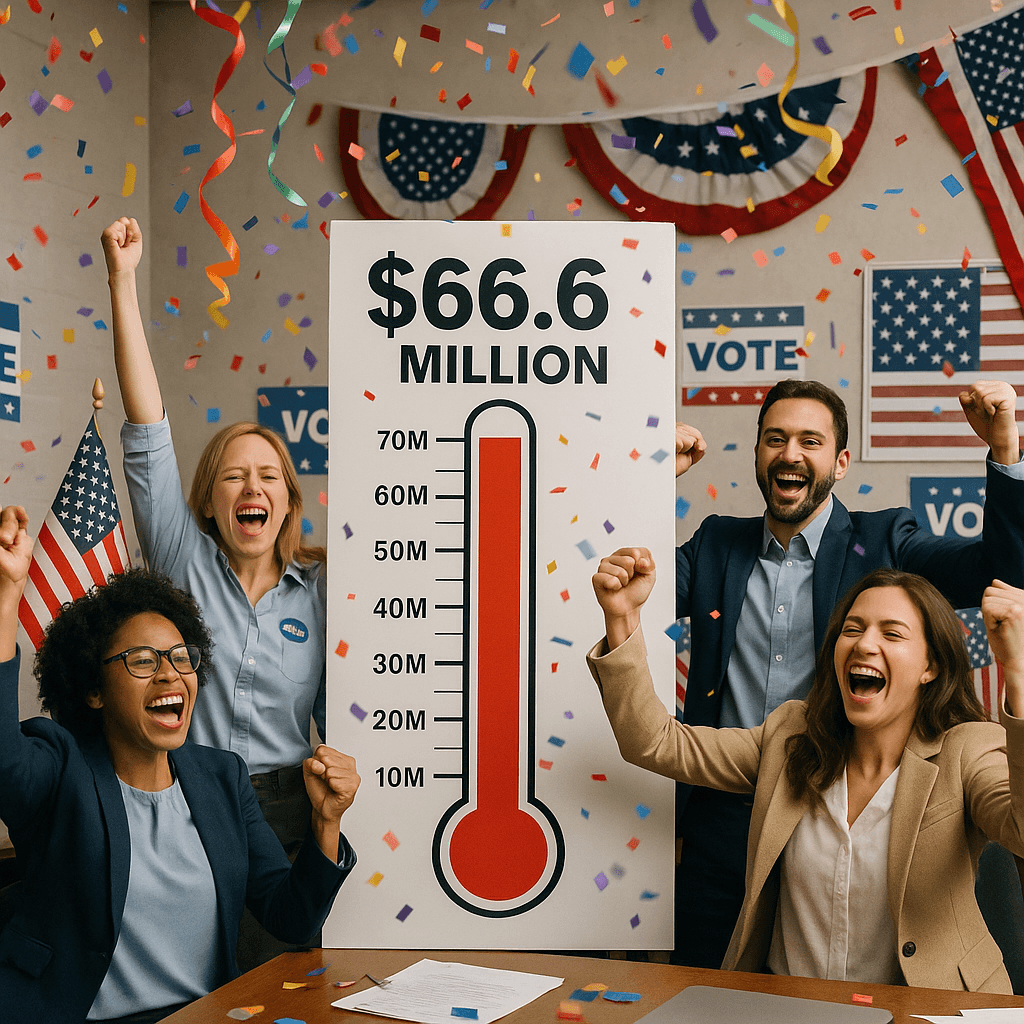 Campaign staffers celebrating around a donation thermometer