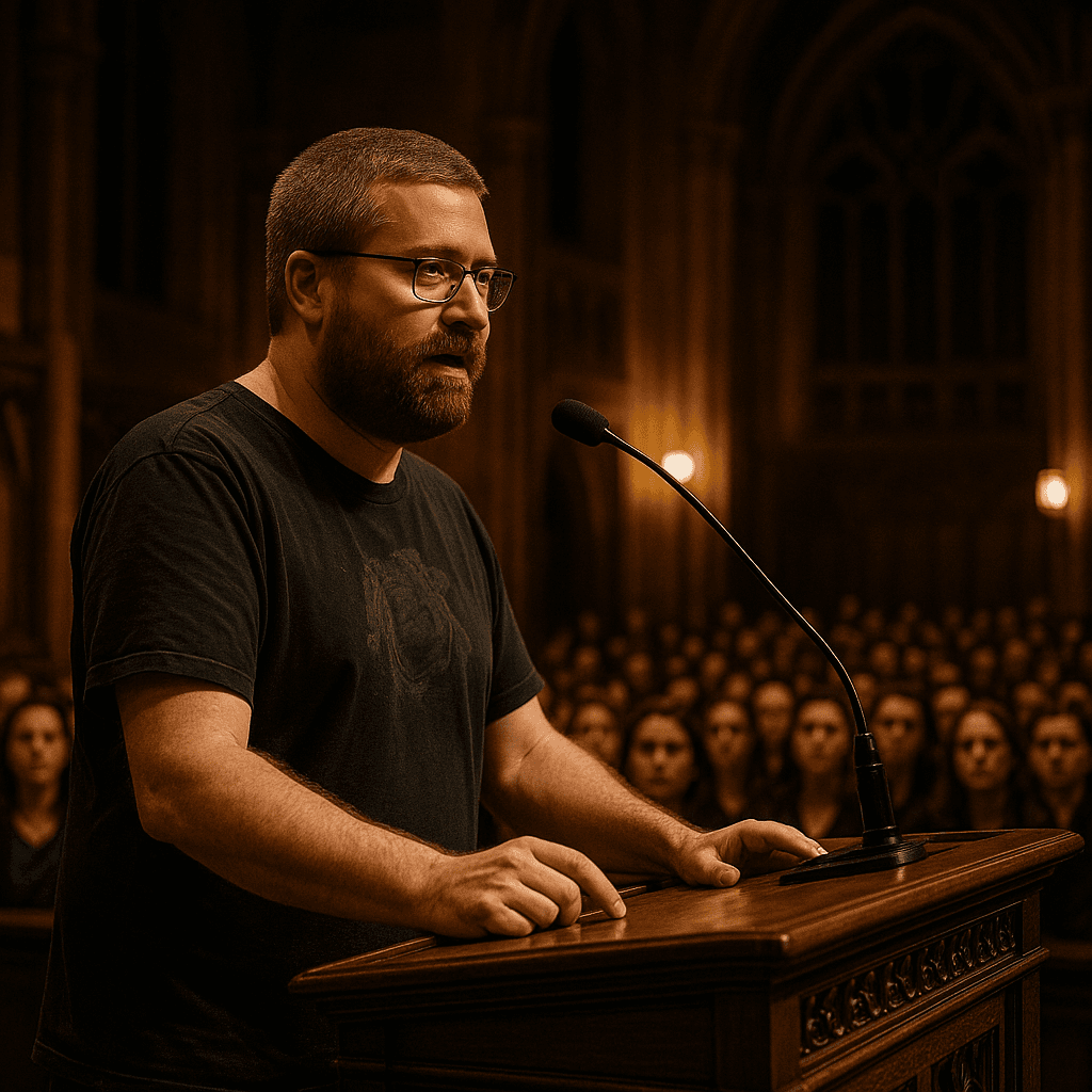 Speaker at university auditorium podium with rapt audience