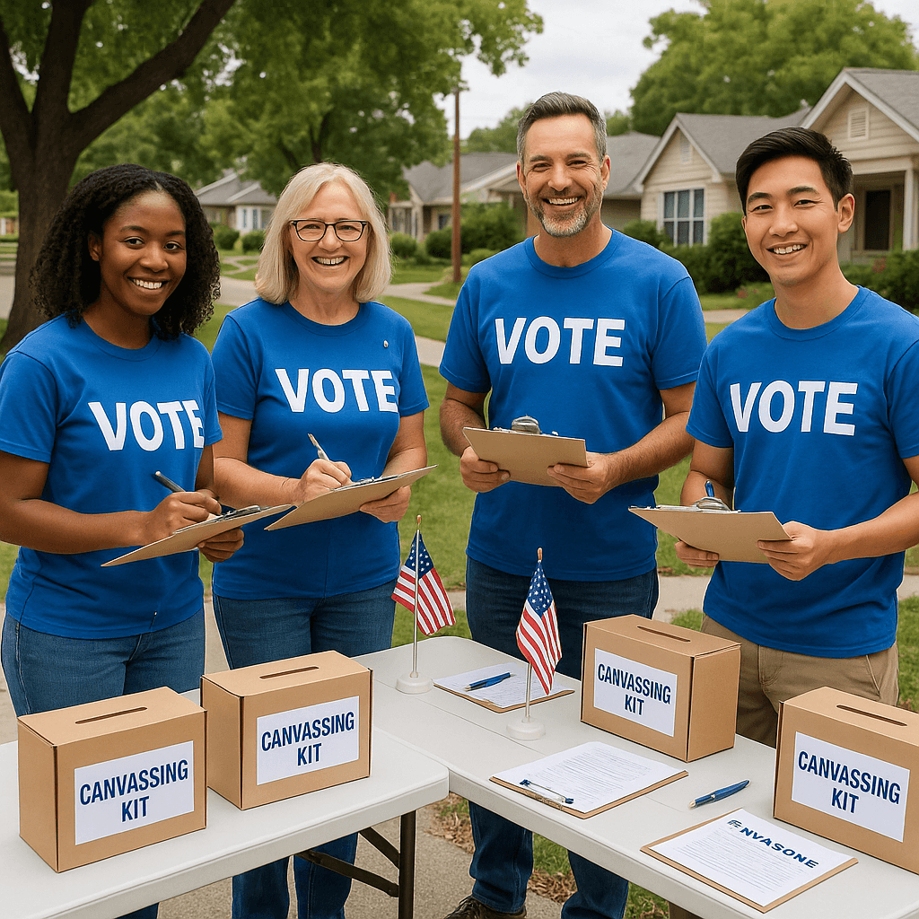 Volunteers at folding tables in a suburban neighborhood