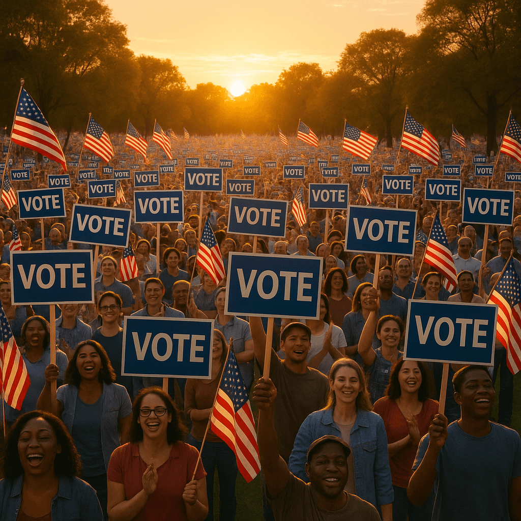 Massive volunteer rally with campaign signs and American flags