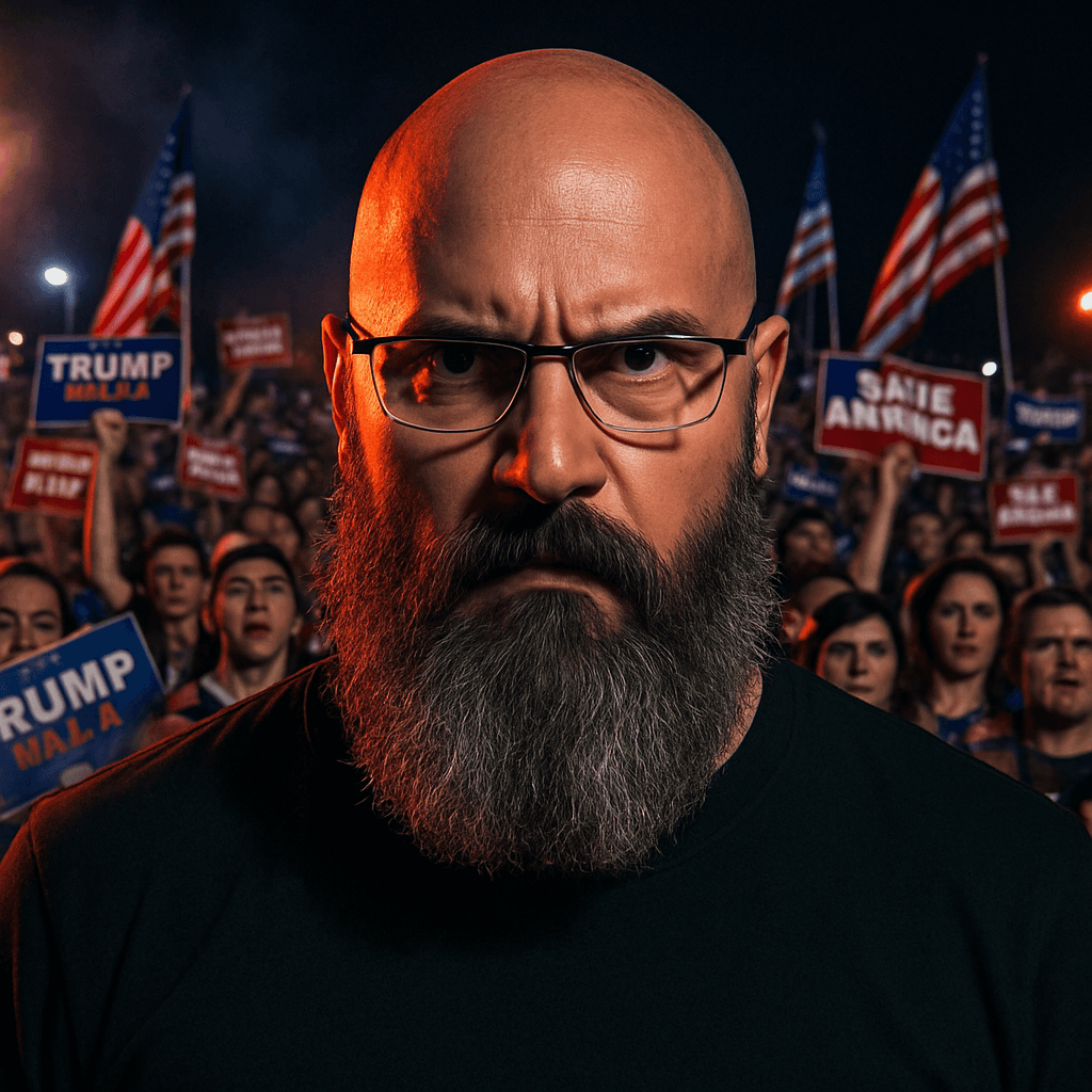 Same person at a rally with a transformed expression