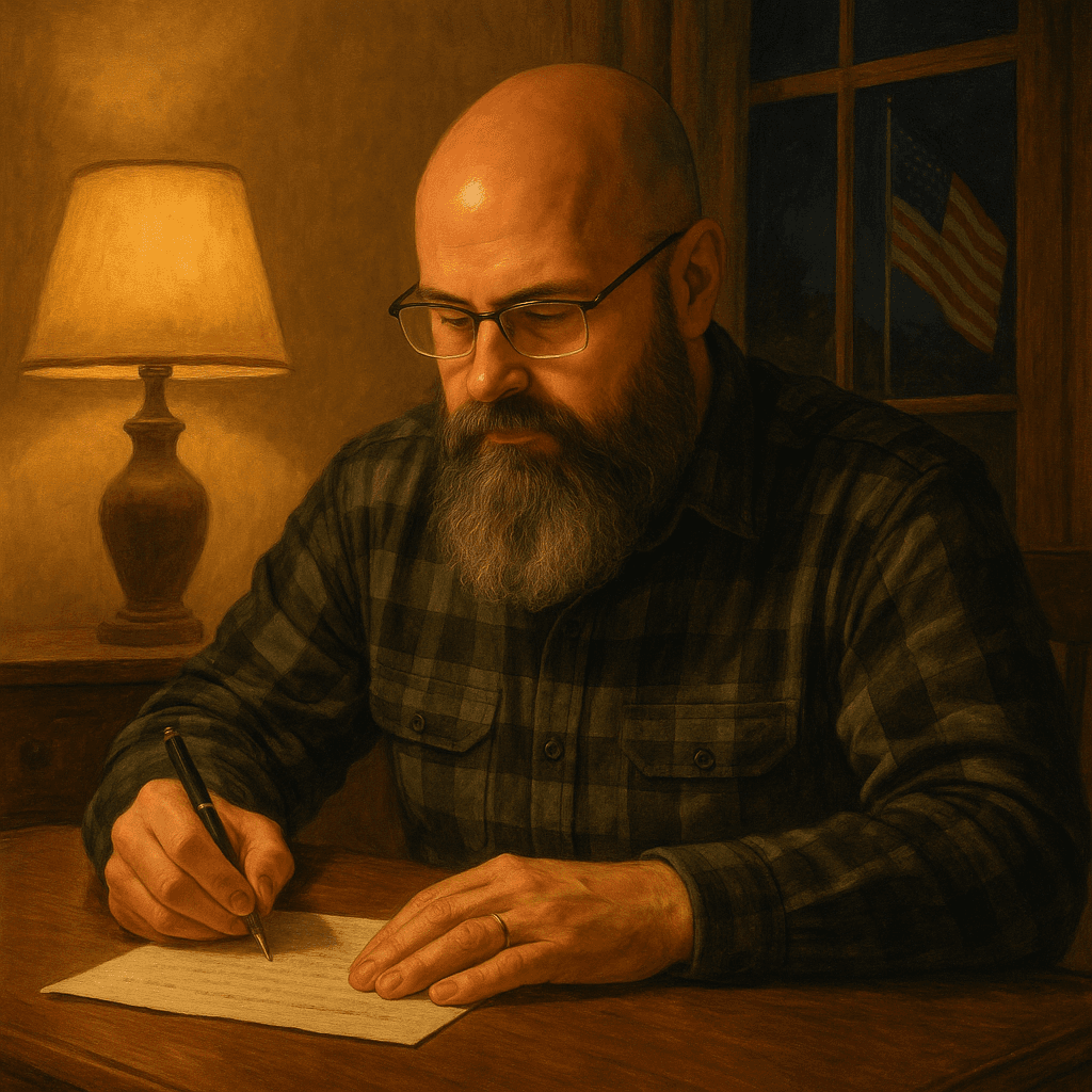 Person sitting at a kitchen table writing